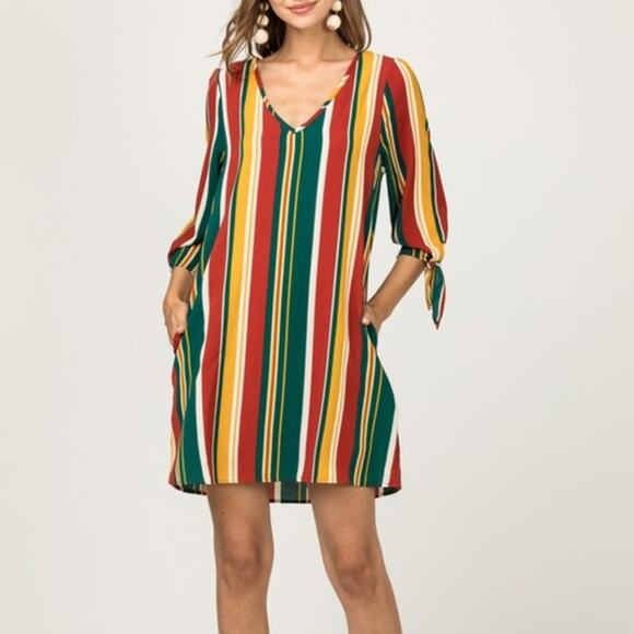 Entro | NWT Rustic Combo Vertical Stripe Tie Sleeve Short Shift Dress w Pockets - Picture 1 of 11
